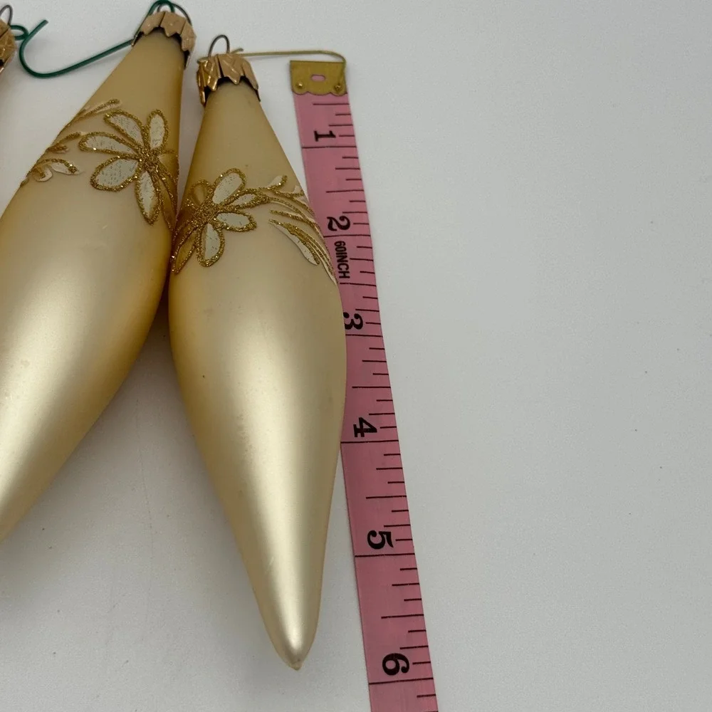 Vintage Glass Christmas Ornaments Lot 4 Cream Gold Lattice Teardrop Torpedo 6